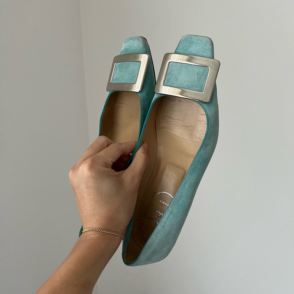 Roger Vivier vintage buckle teal low pumps